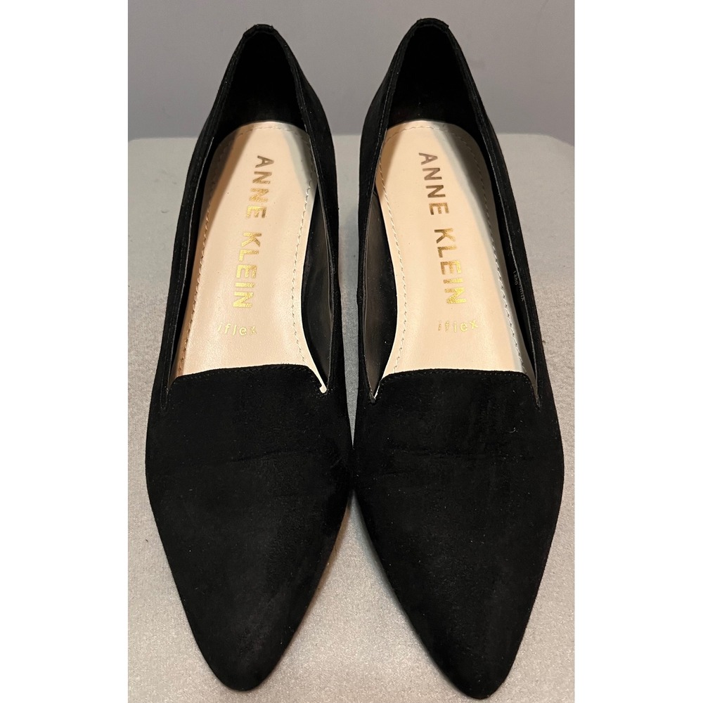Anne Klein AKKALONIE‎ Black Suede Pointed Toe Leopard Block Heel Pumps 8M iFlex